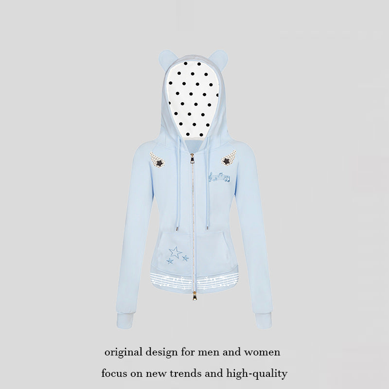 Women's hooded sweat jacket with bear ears, zipper, musical print and polka lining Chichicherry