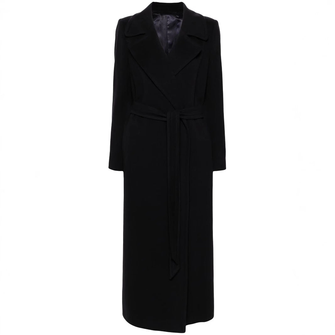 Women's long wrap coat made of wool blend with tie belt and wide lapels Chichicherry