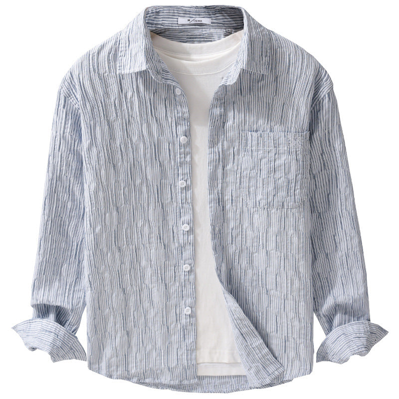 Men Striped Linen Relaxed Shirt with Chest Pocket and Button Placket Chichicherry