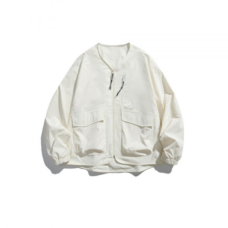 Unisex Lightweight Oversize Utility Jacket without Collar with Front Zipper and Patch Pockets Chichicherry