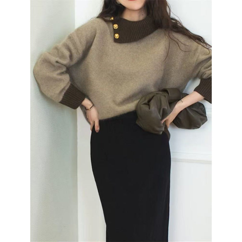 Women's Short-Cut Sweater with Asymmetrical Button Mock Neck and Balloon Sleeves Chichicherry