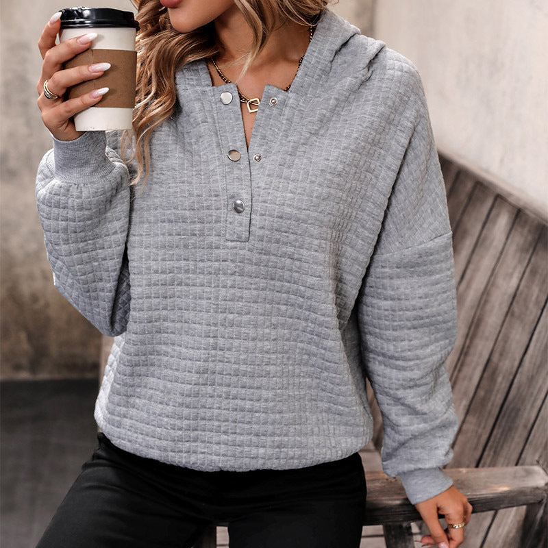 Women's Quilted Waffle Knit Henley Hoodie with Snap Placket Chichicherry