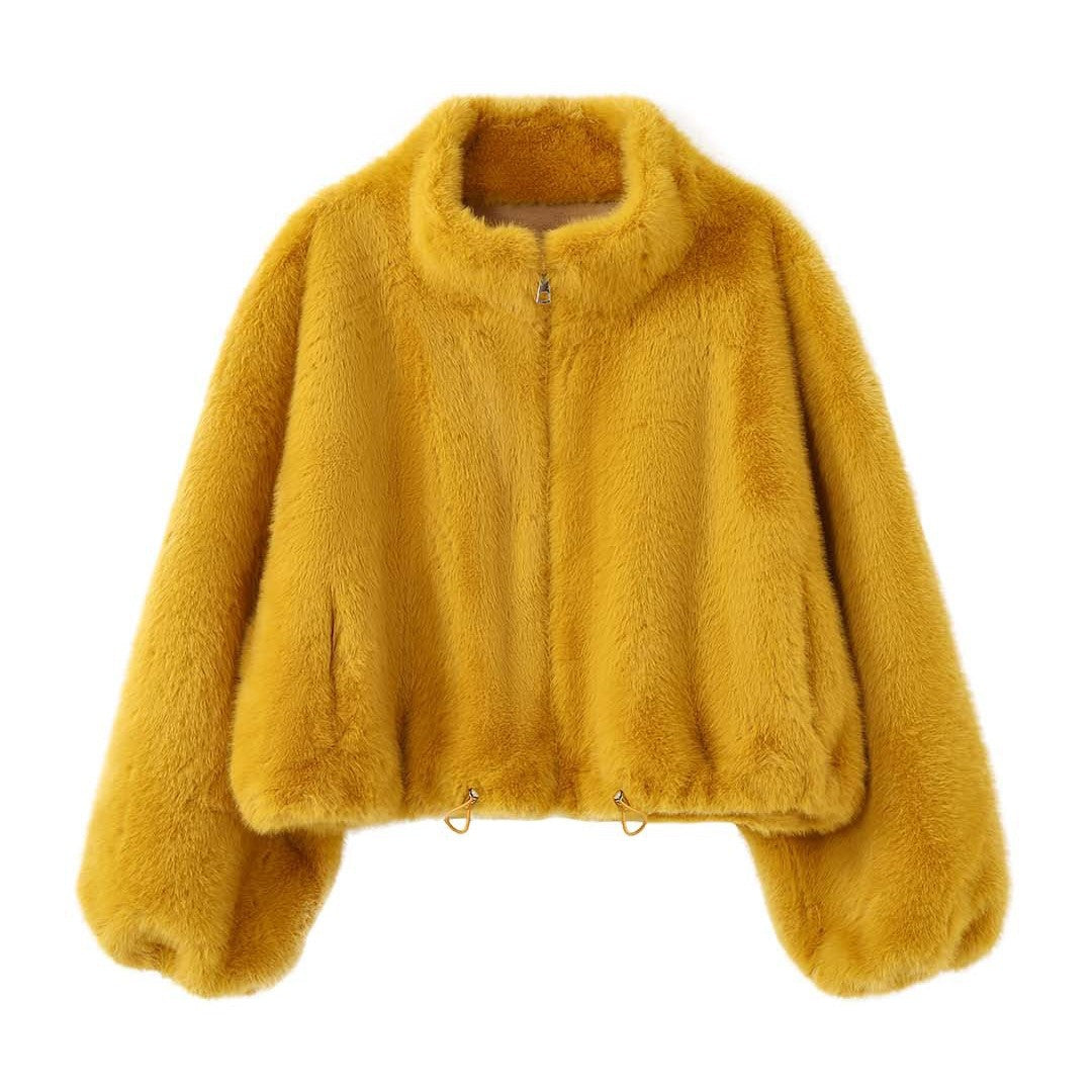 Women's Short Faux Fur Coat with Stand Collar and Zipper Chichicherry