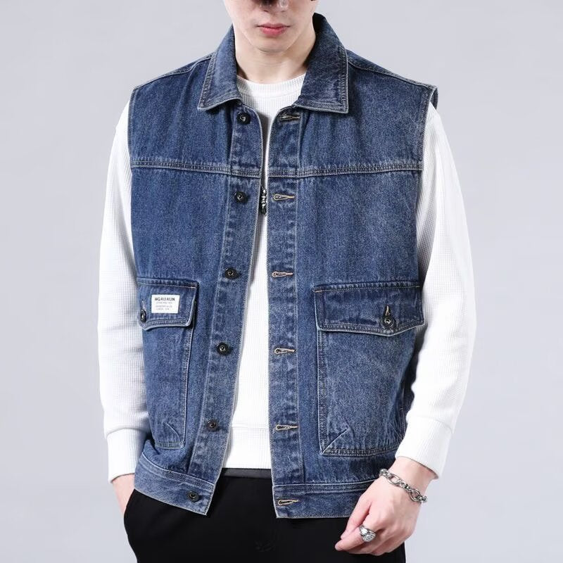 Herren Ärmellose Jeans-Workerweste mit Pattentaschen und kastiger Passform Chichicherry