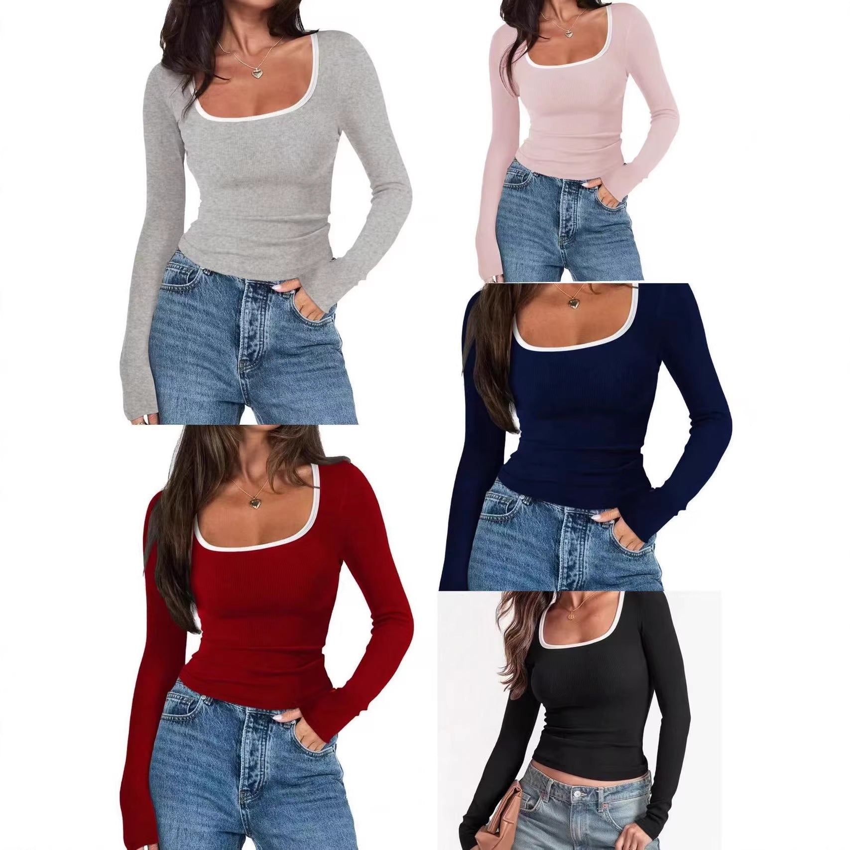 Ladies fitted rib shirt with wide square neckline and contrast edge Chichicherry