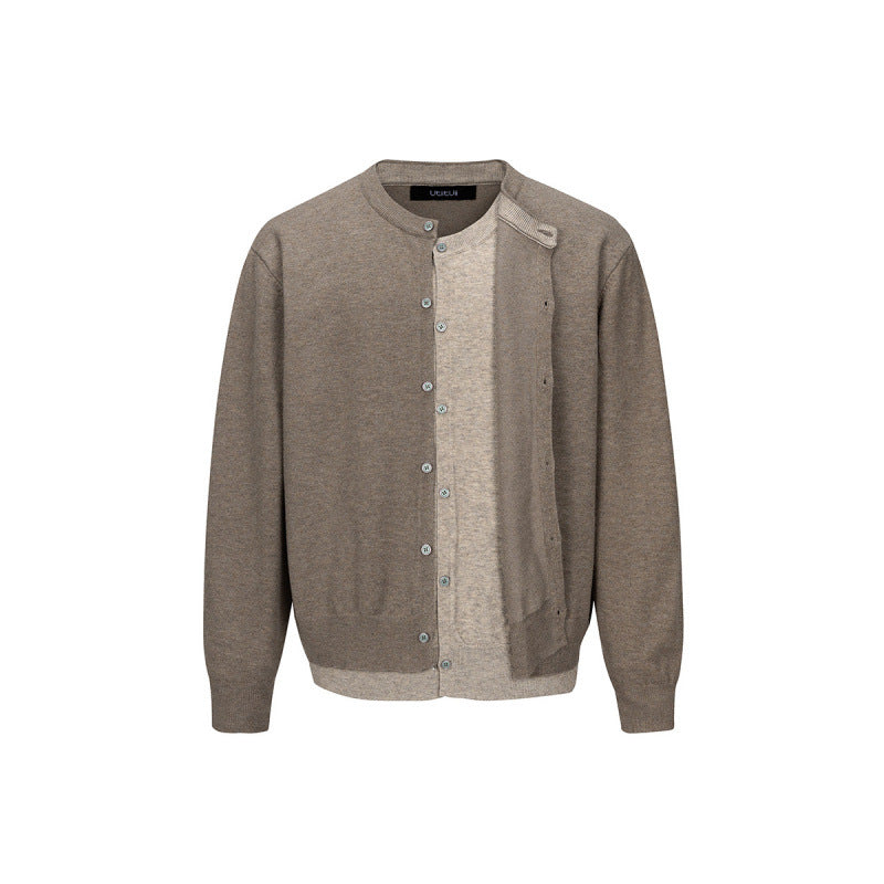 Men's fine knit cardigan with two-layer look, round neck and continuous button placket Chichicherry