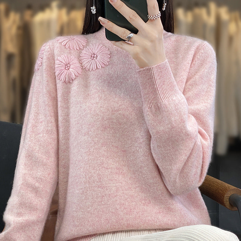 Women Soft Fine Knit Sweater with Short Stand-Up Collar, 3D Flower Application and Ribbed Cuffs Chichicherry