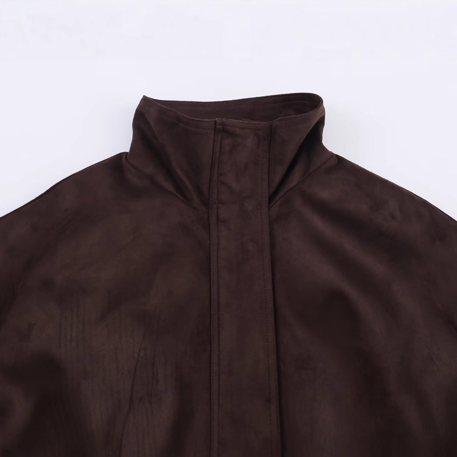 Women's Short Oversized Suede-Look Bomber Jacket with Stand-Up Collar and Elastic Hem Chichicherry