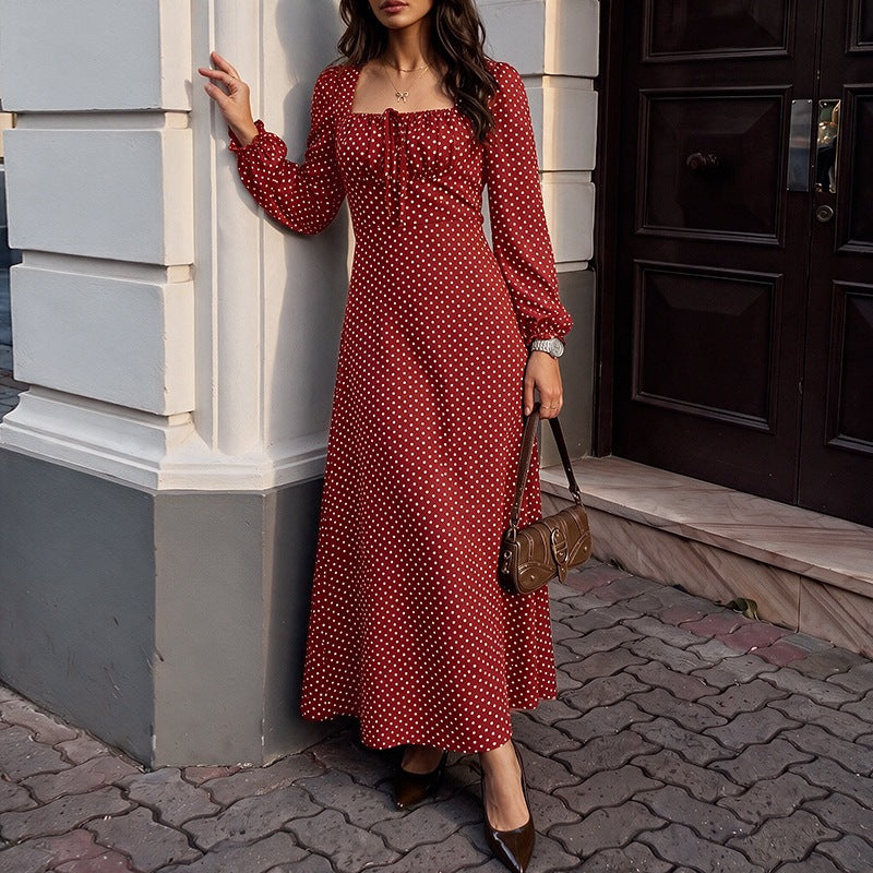Women’s Retro Maxi Dress with Square Neckline, Ruched Bust Area and Long Sleeves Chichicherry