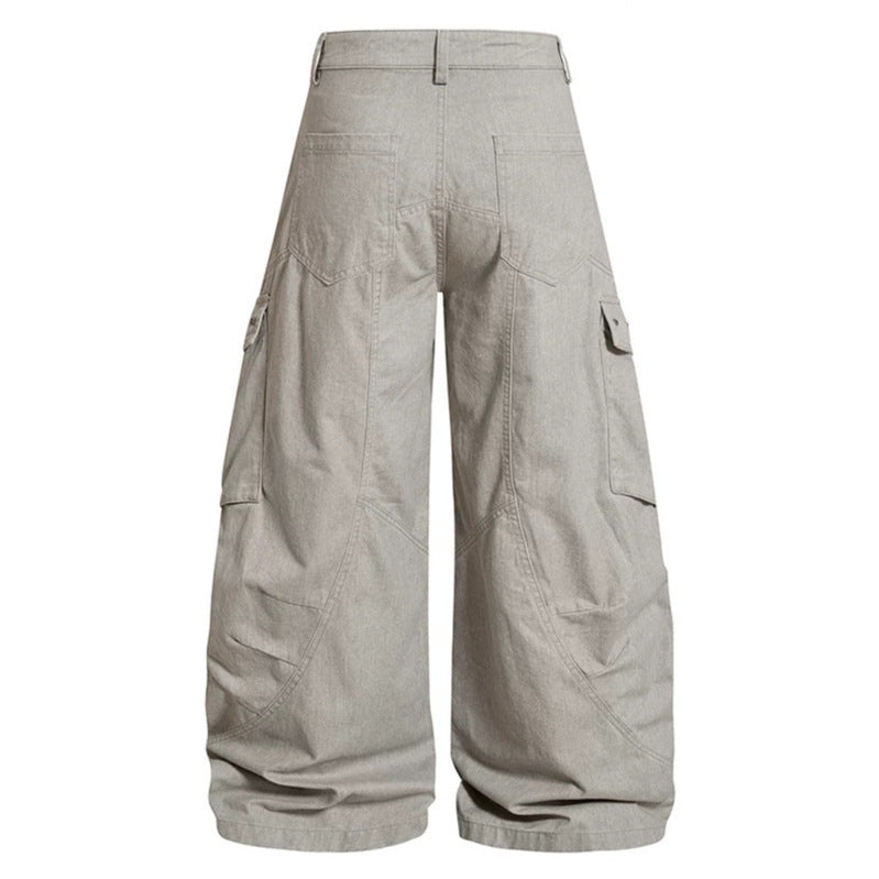 Women Wide High-Waist Cargo Culotte Jeans Pants with Flap Pockets and Vintage Wash Chichicherry