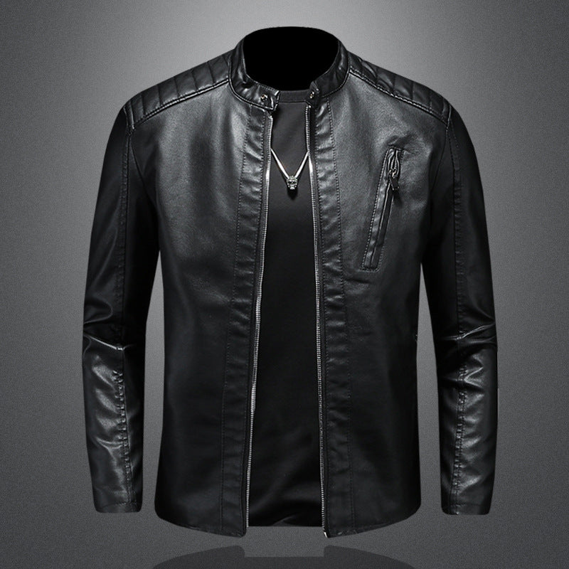 Men's Slim Leather Jacket in Biker Look with Stand-Up Collar and Vertical Chest Pocket Chichicherry