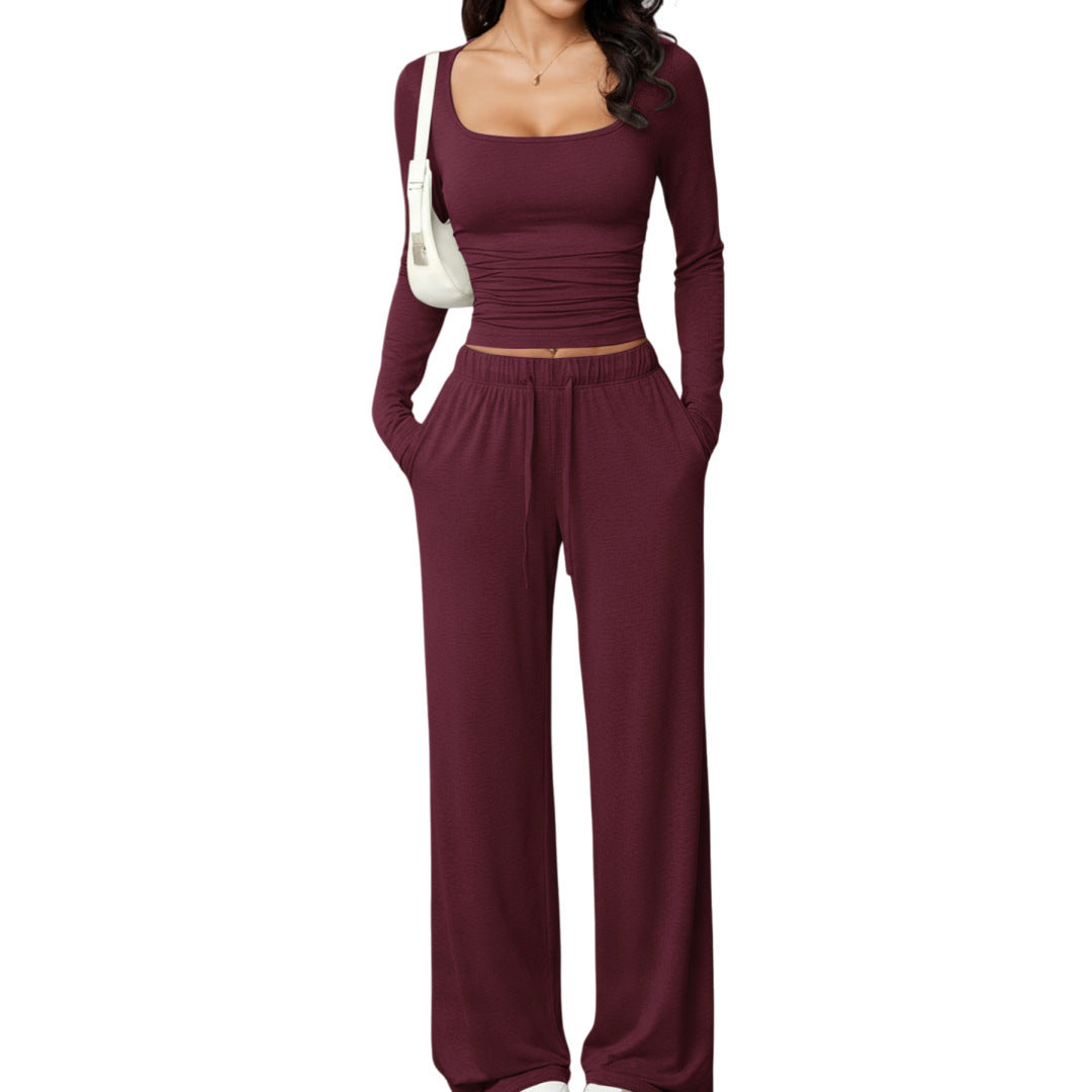 Women's Two-Piece Relax Set with Fitted Long Sleeve Crop Top and Loose Jersey Pants Chichicherry
