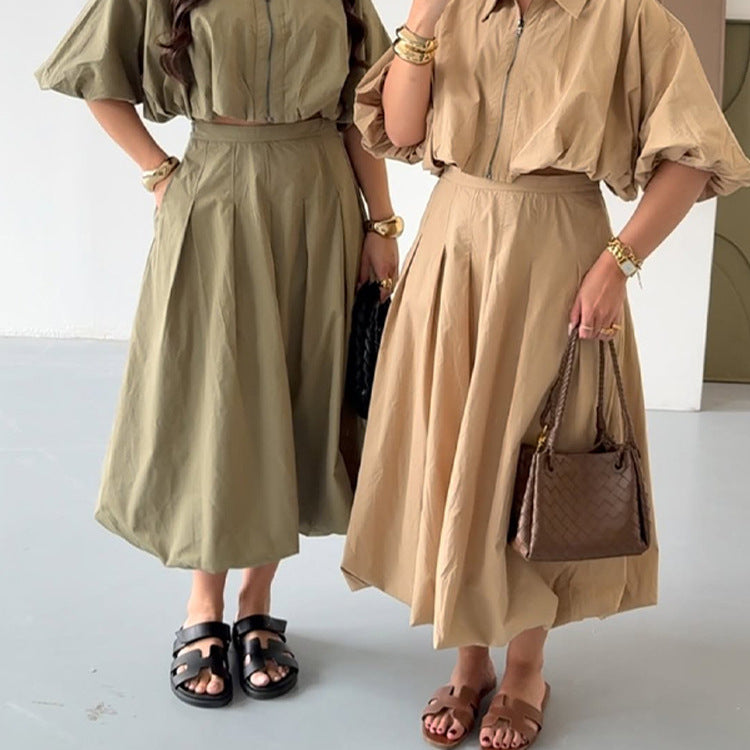 Women Tailored A-Line Midi Skirt with Pleats & High Waist Chichicherry