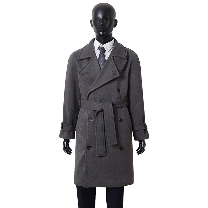 Men's Elegant Coat in Longcoat Style made of Wool Blend with Double-Breasted, Fitted Tie Belt and Decorative Shoulder Yoke Chichicherry