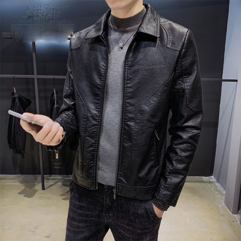 Men's Minimalistic Leather Effect Zip Blouson with Ergonomic Seam Lines and Shirt Collar Chichicherry