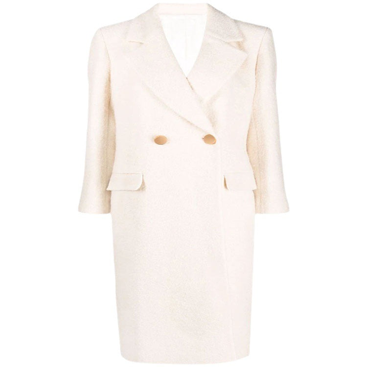 Women Mid-length Tailored Wool Blend Coat with Double Breasted, Patch Pockets and Subtle Decorative Buttons Chichicherry