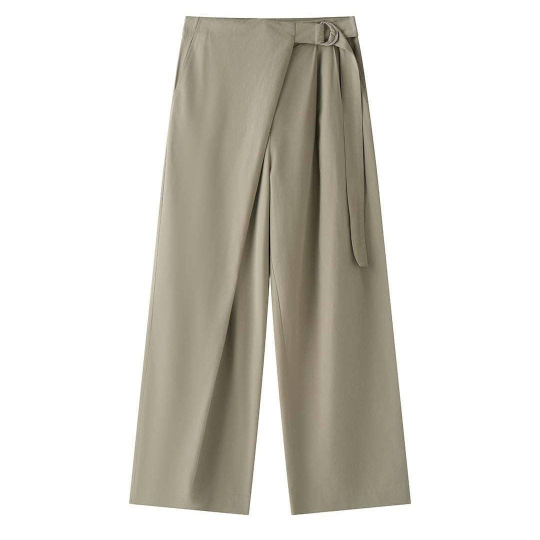 Women Wide Wrap Pants with D-Ring Waistband and Pleated Detail Chichicherry