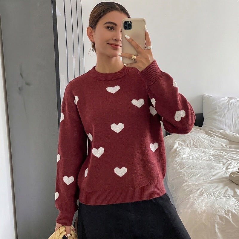 Women's round neck knitted pullover with heart jacquard and casual oversized fit Chichicherry