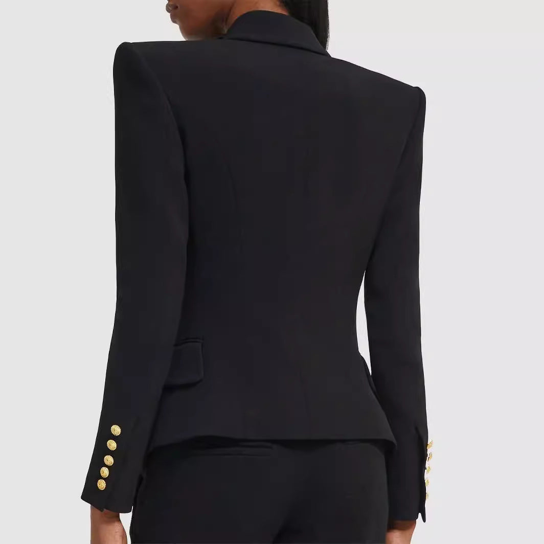 Women Slim-Fit Tuxedo Blazer in Tailoring with Emphasized Shoulder and Gold Decorative Button Placket Chichicherry