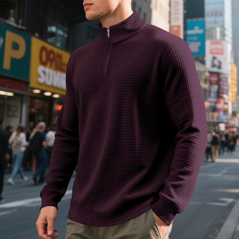 Men's Quilted Quarter-Zip Pullover with Check Pattern and Stand Collar Chichicherry