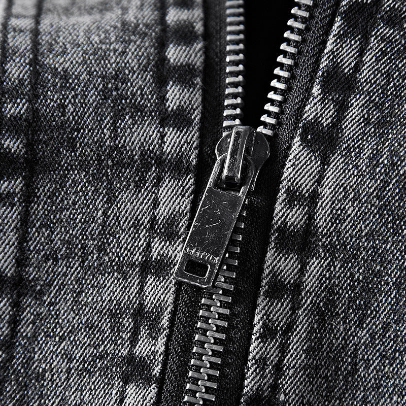 Men's Slim-Fit Denim Work Jacket with Stand Collar and Zipper Details Chichicherry
