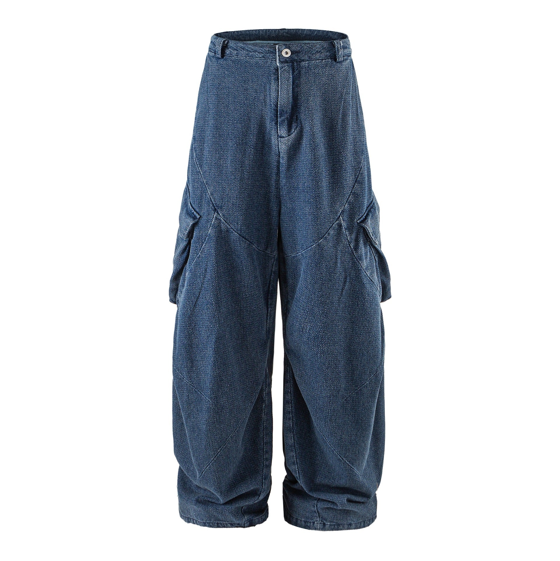 Women Wide Cargo Jeans Pants with High Waist, Distinctive Partial Seams and Decorative Pockets Chichicherry