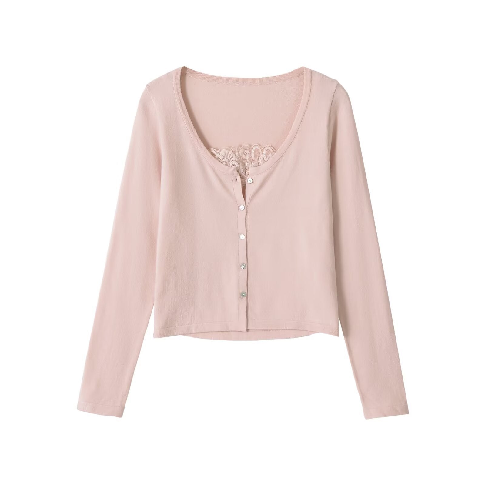 Women's short cardigan made of fine knit with V-neck, button placket, and lace insert Chichicherry