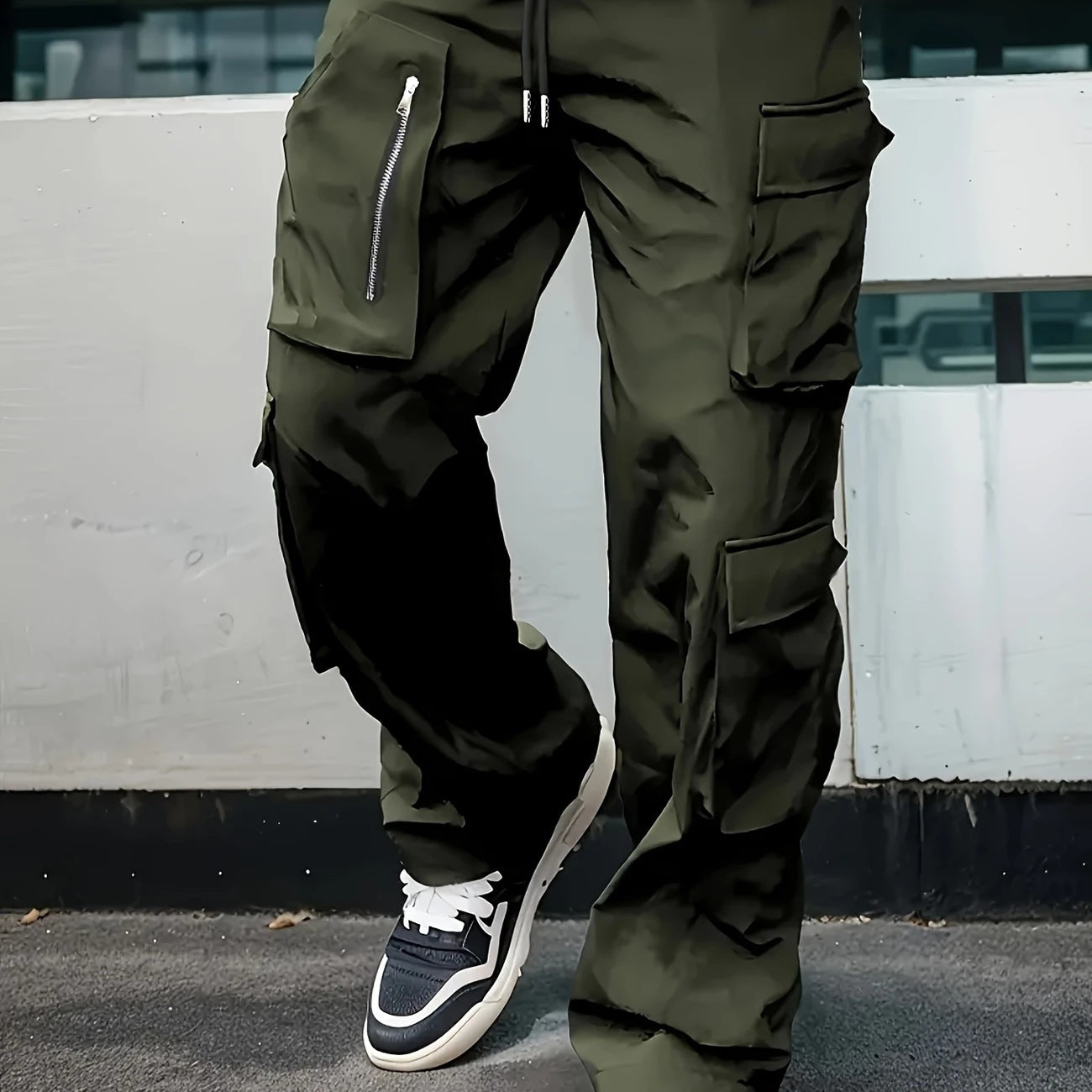 Men's Wide Cargo Jogging Pants with Multifunctional Pockets, Zipper Detail and Drawstring Waist Chichicherry