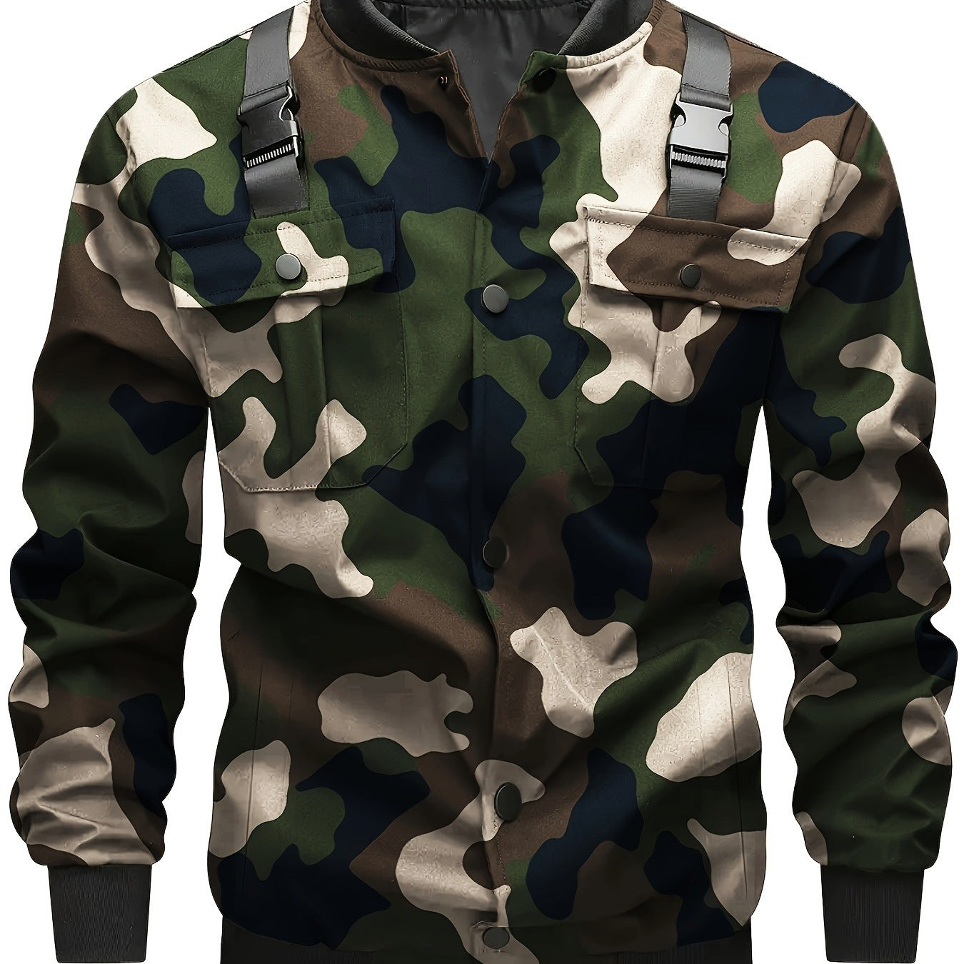 Men's Camouflage Utility-Style Bomber Jacket with Chest Pockets, Shoulder Straps, and Ribbed Cuffs Chichicherry