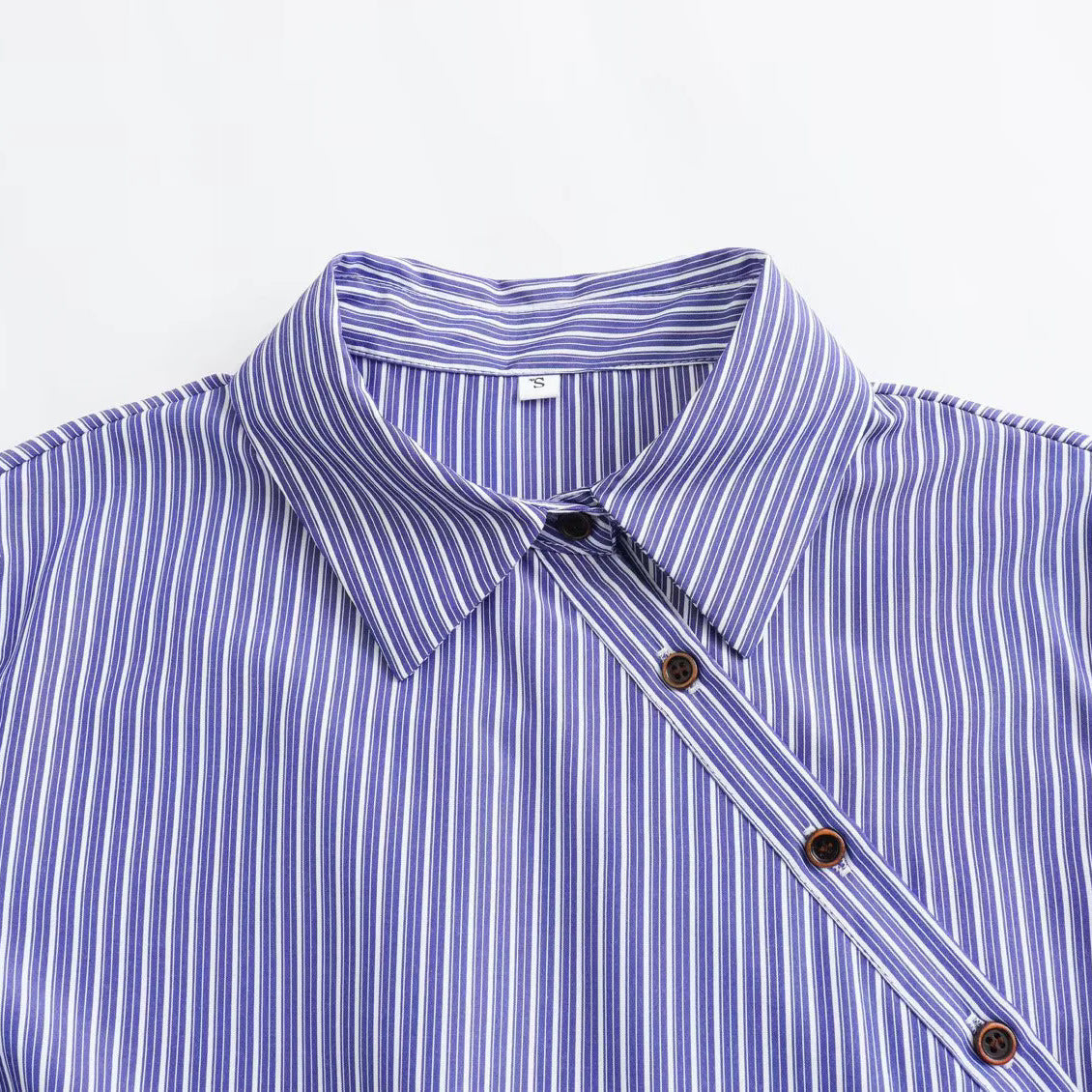 Women's Oversize Striped Blouse with Diagonal Button Placket and Kent Collar Chichicherry
