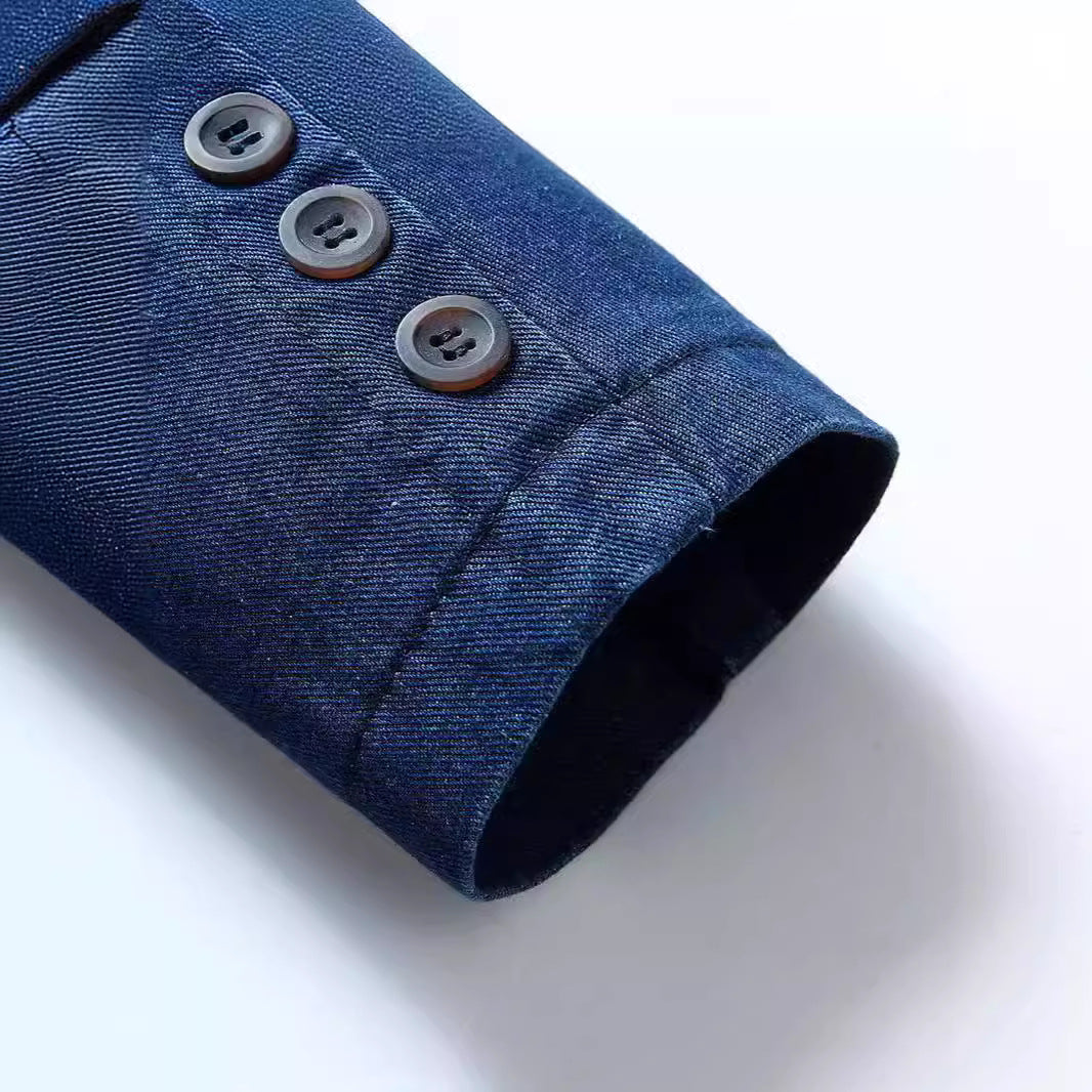 Men's jeans blazer in jacket style with striped inner lining and patch pockets Chichicherry