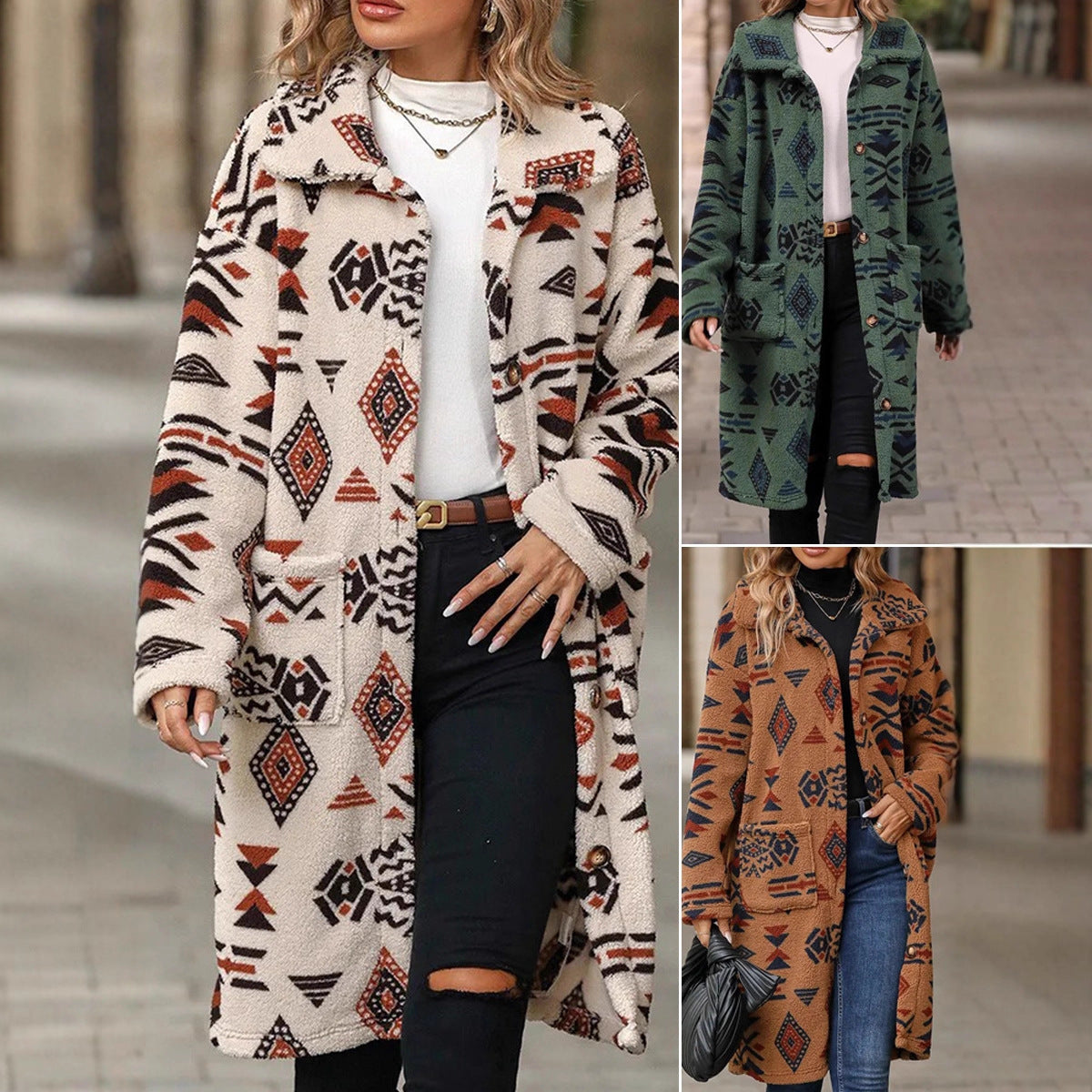 Women Teddy Coat with Aztec Pattern, Button Placket and Patch Pockets Chichicherry