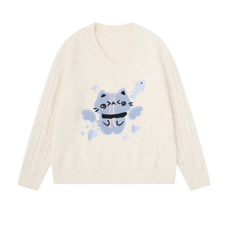 Women's V-neck knitted sweater with cable sleeves and chenille cat motif Chichicherry
