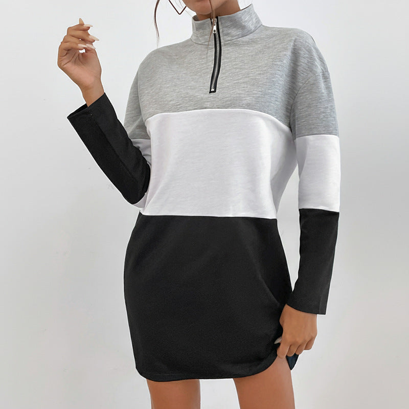 Women's Colorblock Short Sweat Dress with Stand Collar, Seams and Half Zipper Chichicherry
