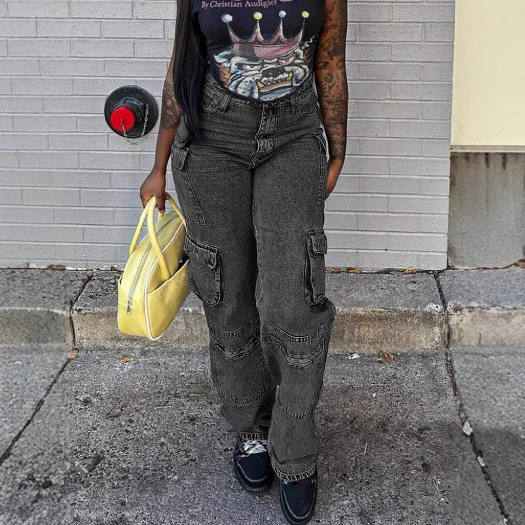 Women's Cargo Denim Pants with High Waist, Loose Baggy Cut and Functional Flap Pockets Chichicherry