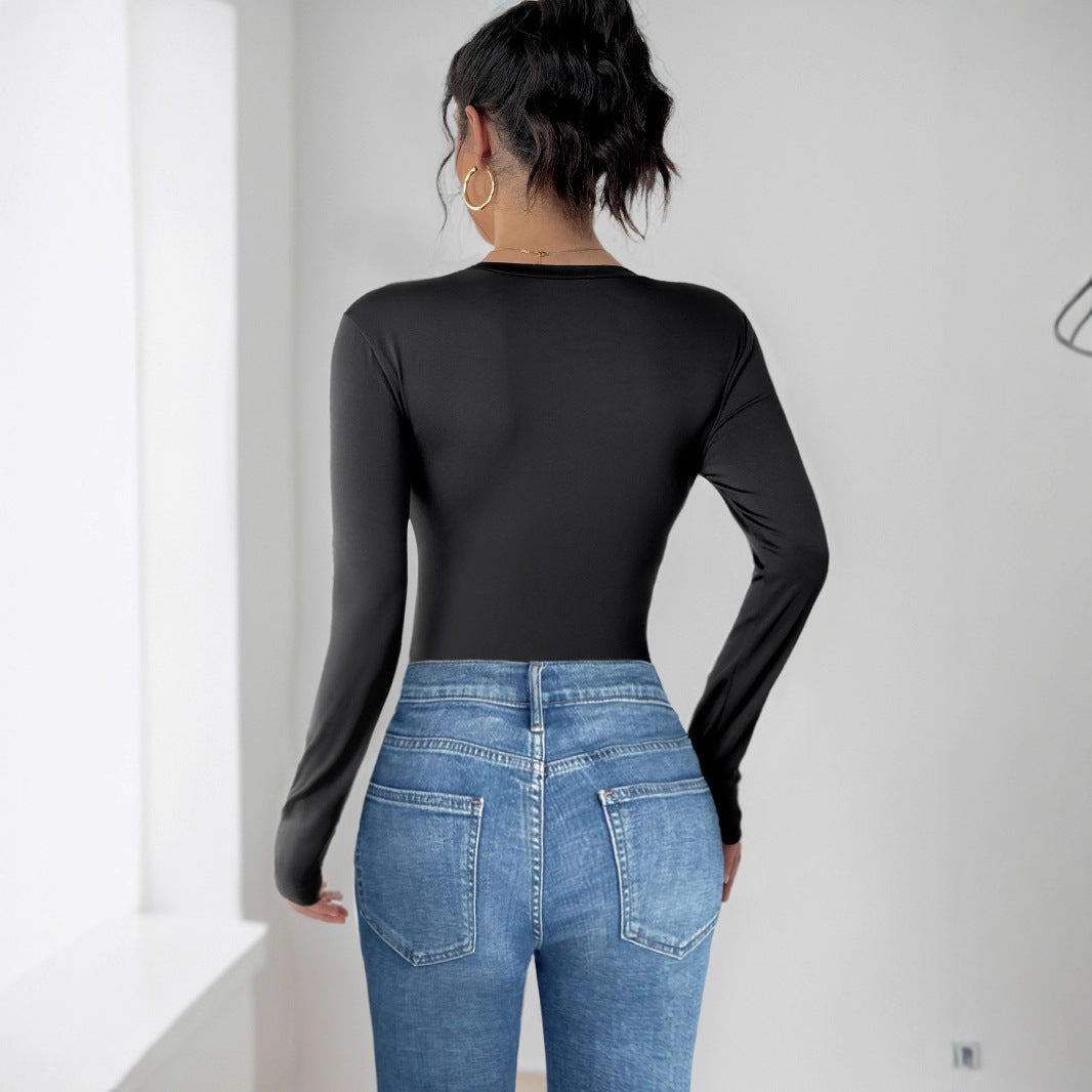 Women's Figure-hugging Long Sleeve Bodysuit with Three-dimensional Rose Appliqués Chichicherry