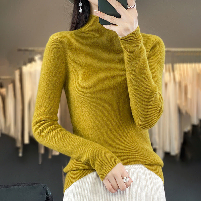 Women's Premium Fine Knitted Mock Neck Sweater with Extra Long Sleeve Cuffs and Fine Ribbed Structure Chichicherry