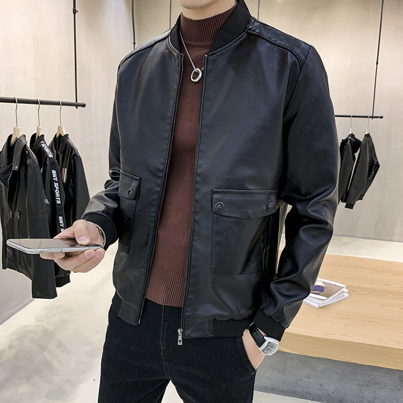 Men's Faux Leather Bomber Jacket in Aviator Minimal Style with Flap Pockets and Ribbed Cuffs Chichicherry