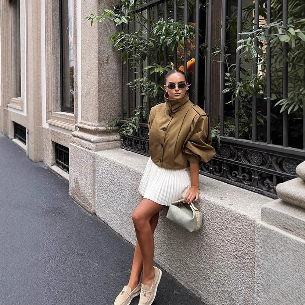Women Cropped Trench Coat with boxy silhouette, epaulettes and pleat details Chichicherry