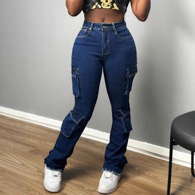 Ladies High-Waisted Cargo Jeans with Multiple Flap Pockets & Flared Hem Chichicherry