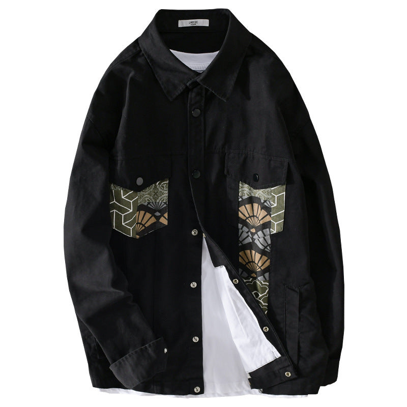 Men's Lightweight Canvas Overshirt in Worker Style with Japanese Pattern Patch and Snap Button Placket Chichicherry