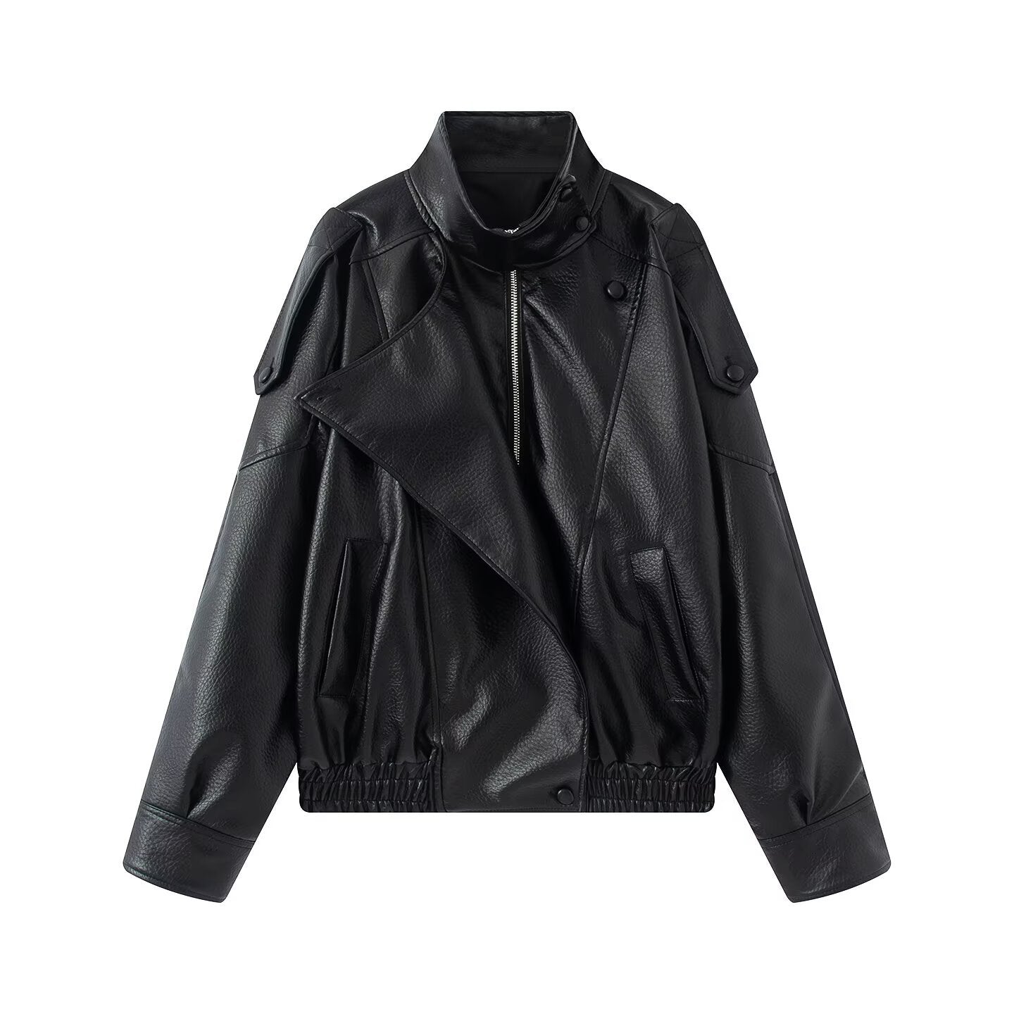 Women Oversized Faux Leather Biker Jacket with Asymmetric Lapel, Stand Collar, and Waist Drawstring Chichicherry