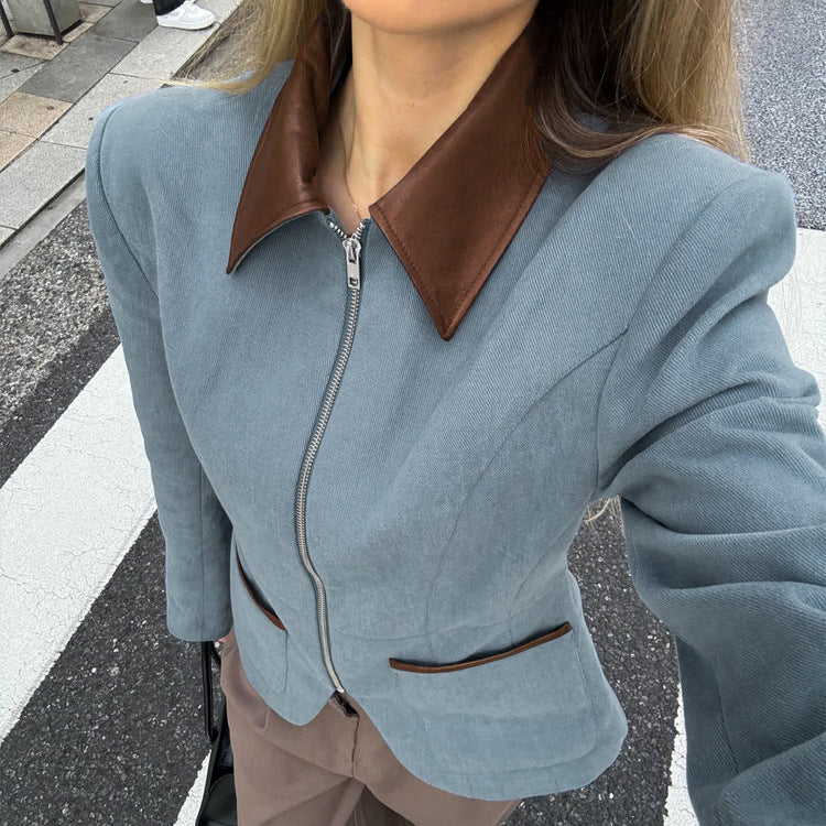 Women's Fitted Velvet Blazer with Zipper and Contrast Collar Chichicherry