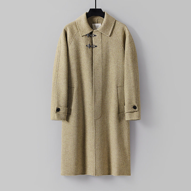 Men's Straight Wool Blend Long Coat with Concealed Front and Decorative Toggle Closures Chichicherry