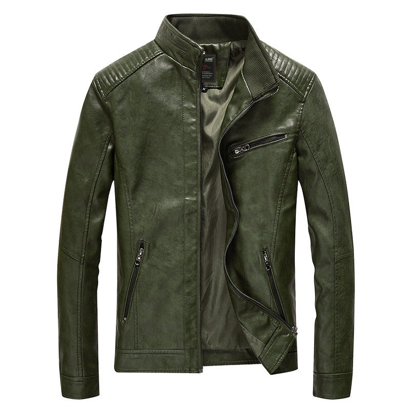 Men's Faux Leather Biker Jacket with Stand-up Collar and Shoulder Padding Chichicherry