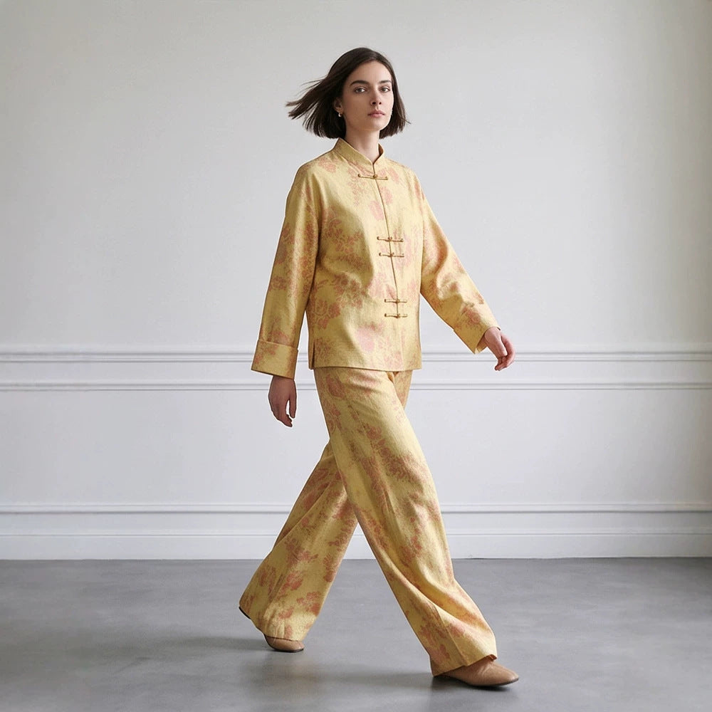 Womens Two-Piece Jacquard Set with Mandarin Collar and Wide Cut Trousers Chichicherry