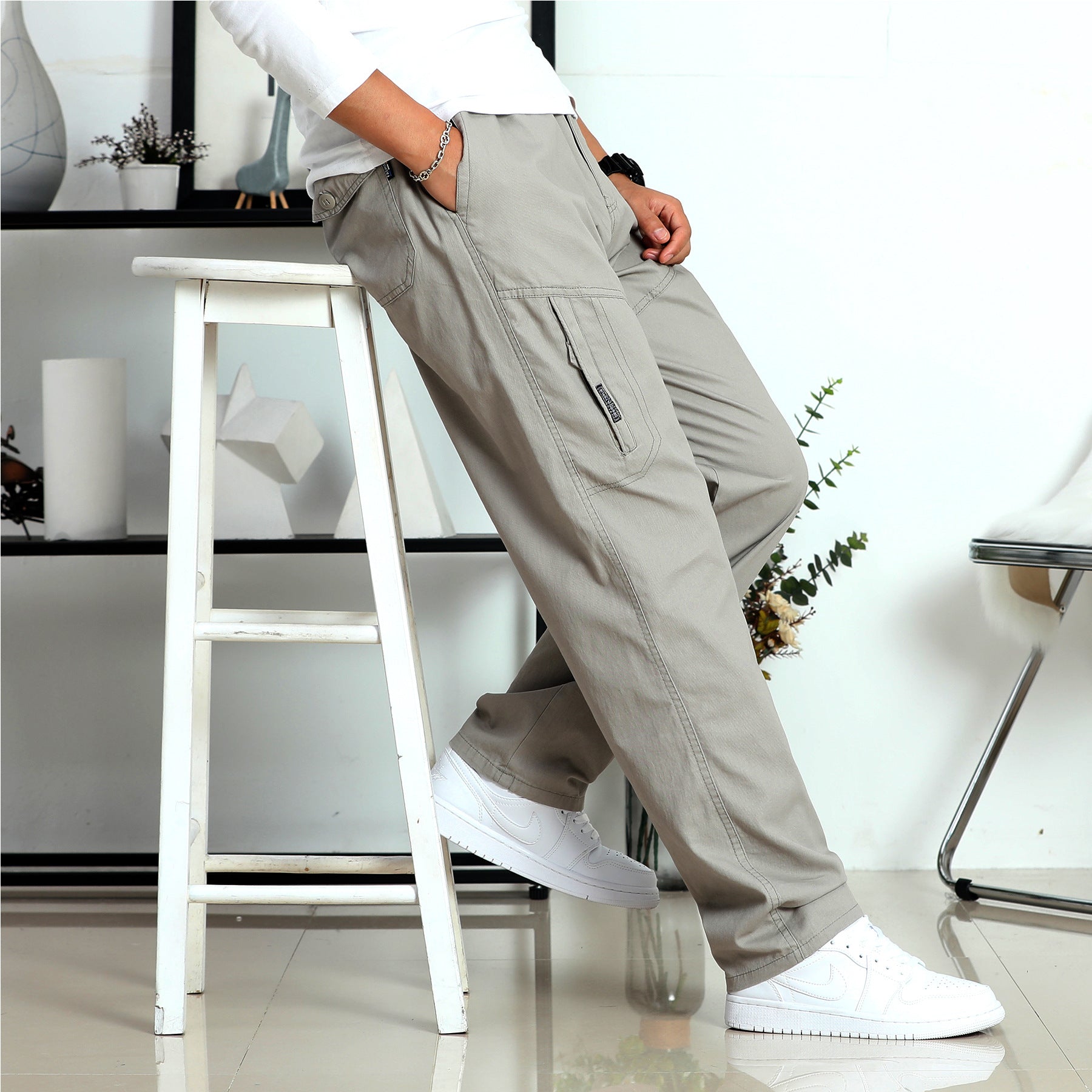 Men's Wide Utility Cargo Pants with Elastic Waistband, Side Zipper Pocket & Pre-Shaped Knee Inserts Chichicherry