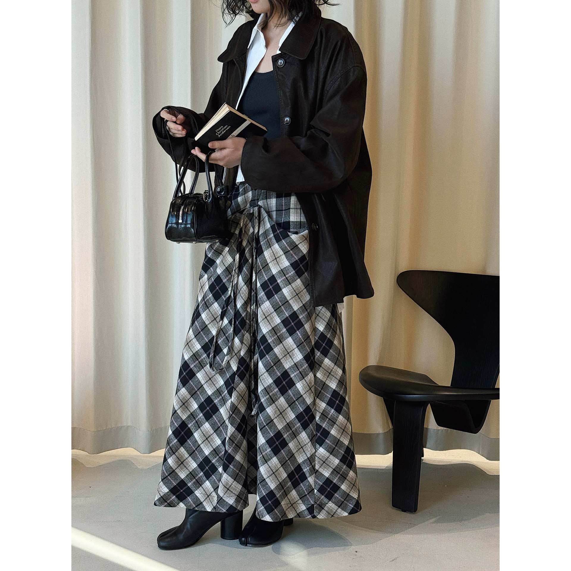 Women's Wide Checked Maxi Skirt with Drawstring and Layered Ruffles Chichicherry