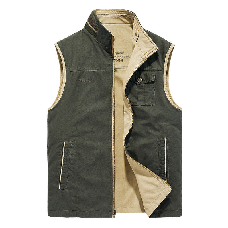Men's Outdoor Canvas Vest with Reinforced Pockets, Stand Collar and Soft Cotton Lining Chichicherry
