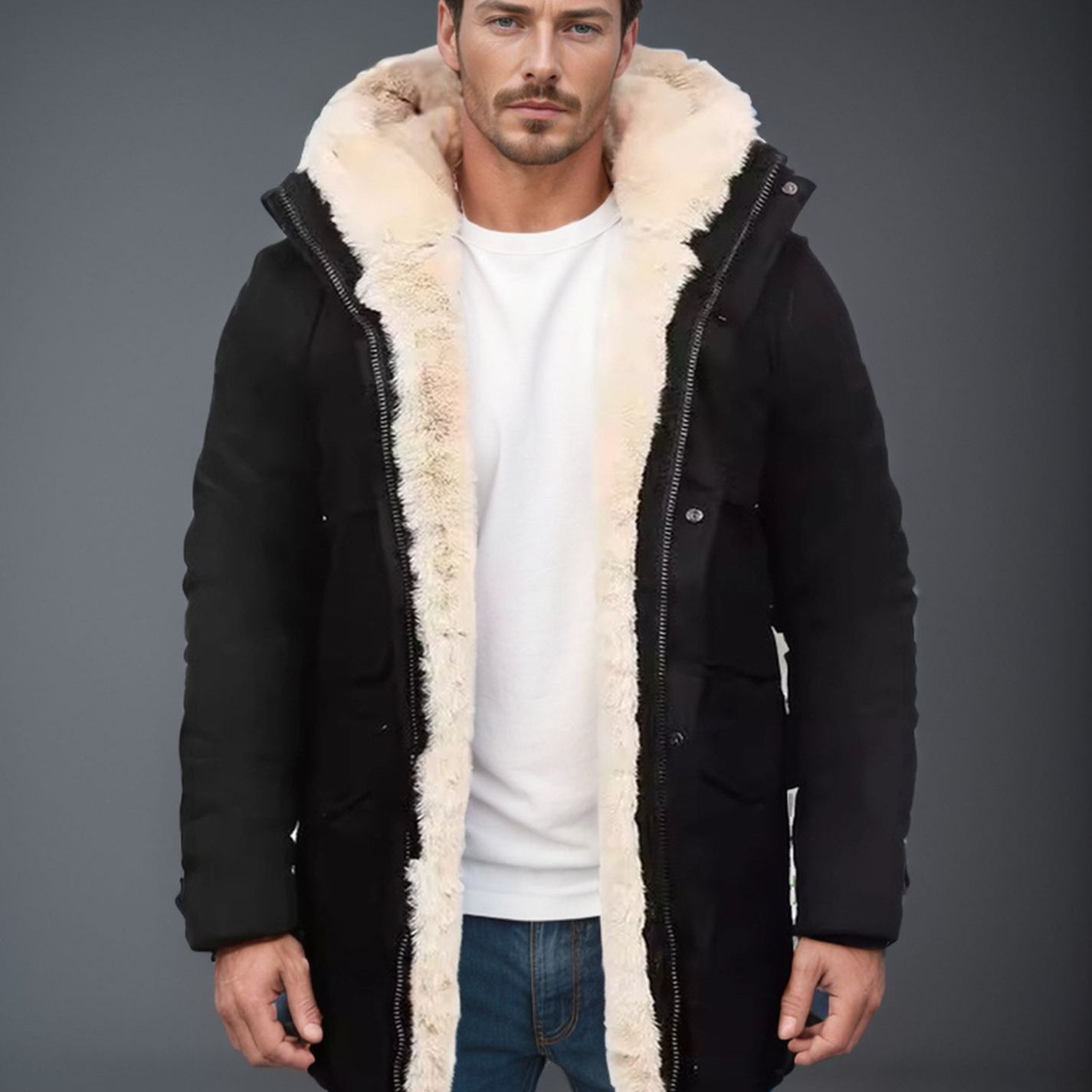 Herren Parka im Field‑Stil mit Teddyfutter in Kapuze, aufgesetzten Pattentaschen und Druckknopfverschluss Chichicherry